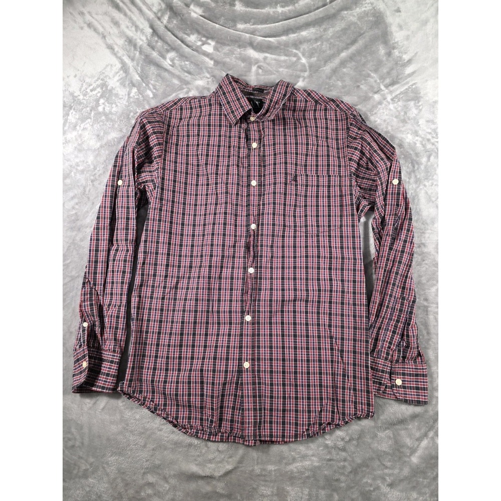 Armani Exchange Large Tailored Fit Red/Black Plaid Roll Tab Long Sleeve Shirt